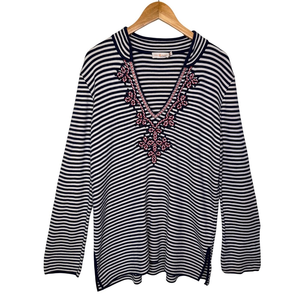 Tory Burch Striped Embroidered Tunic Sweater XL Navy Blue Coastal Nautical